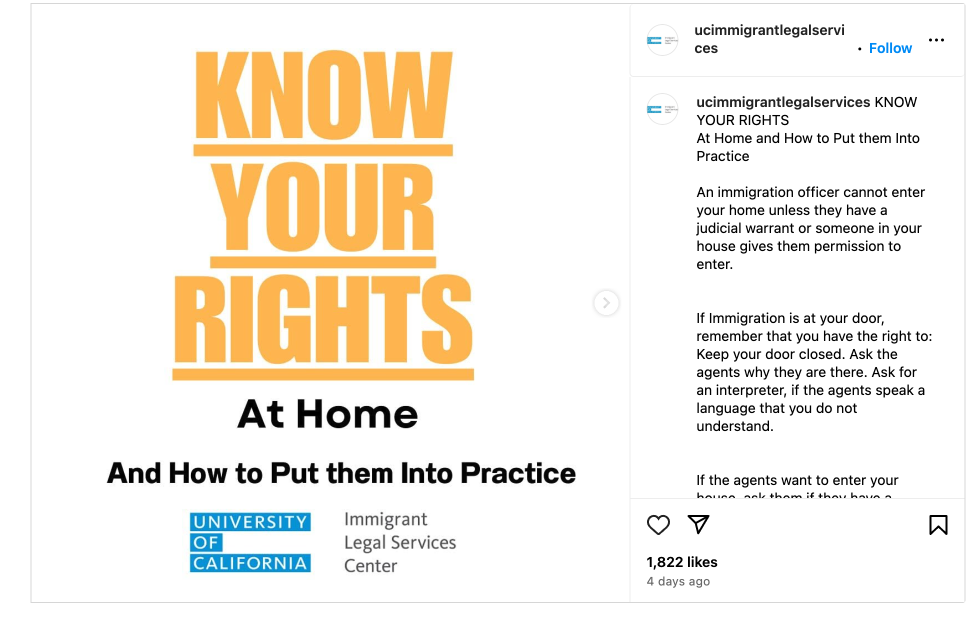 screenshot of UCIMM instagram feed depicting Know Your Rights at Home